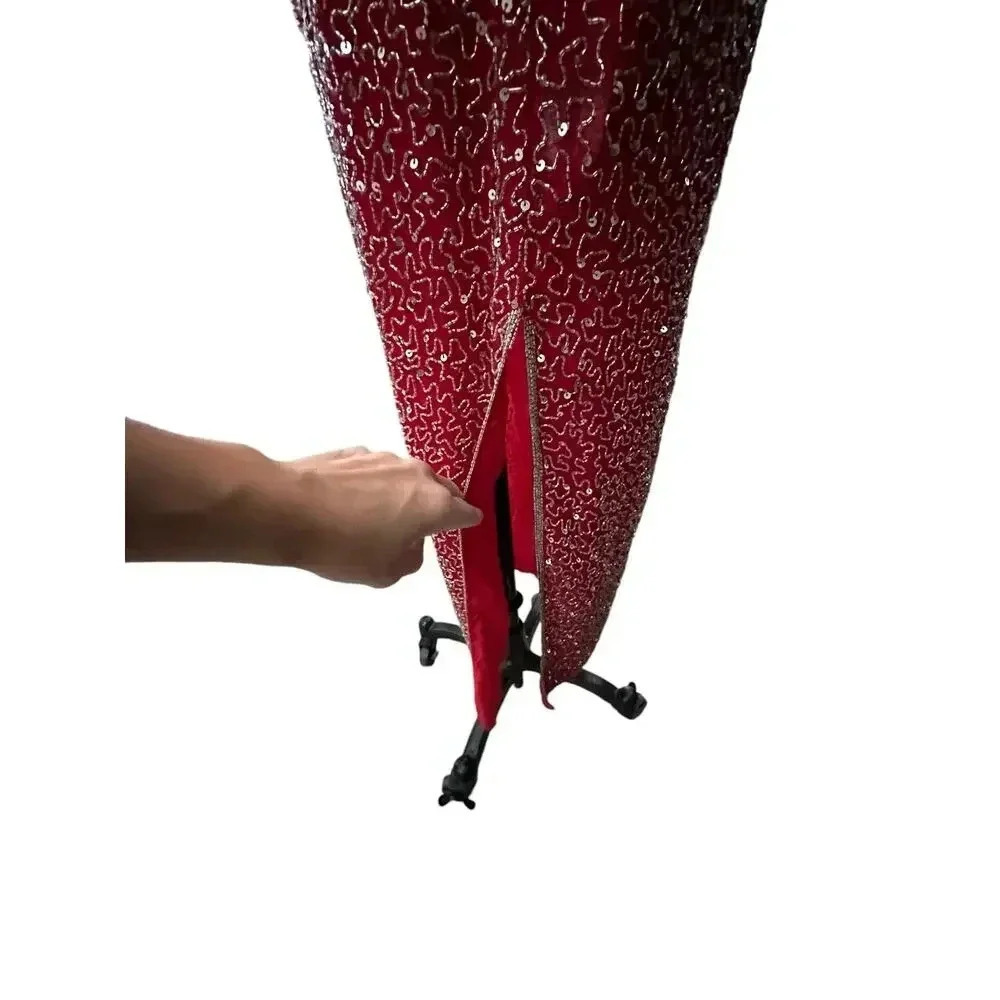Lawrence Kazar Red 100% Silk Long Dress Size M all over sequin vintage - Picture 6 of 12